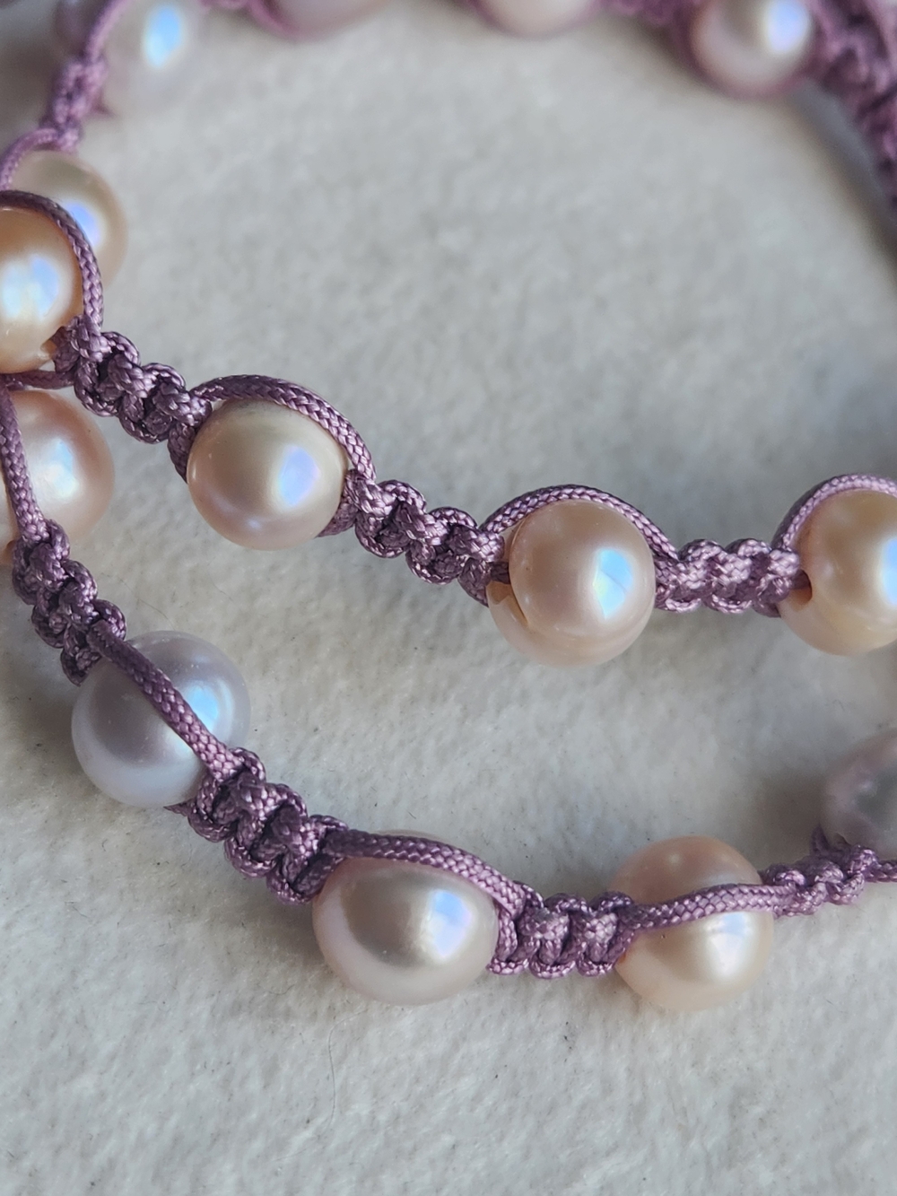 Artisan Lavender Genuine Pearl Macrame Bracelet Set Adjustable - Picture 2 of 4